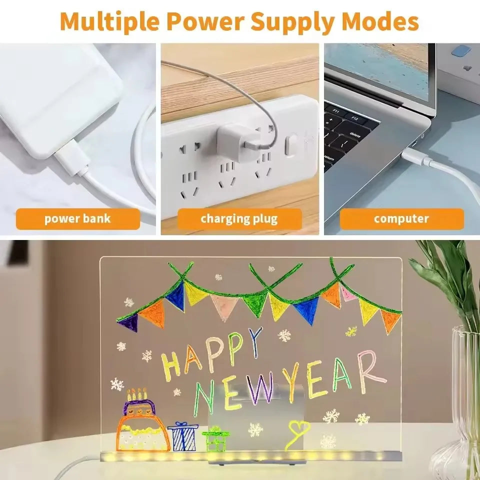 LED Light-Up Acrylic Message Board Erasable USB Drawing Board Birthday Gift Bar Advertising for Creative Activities with Stand