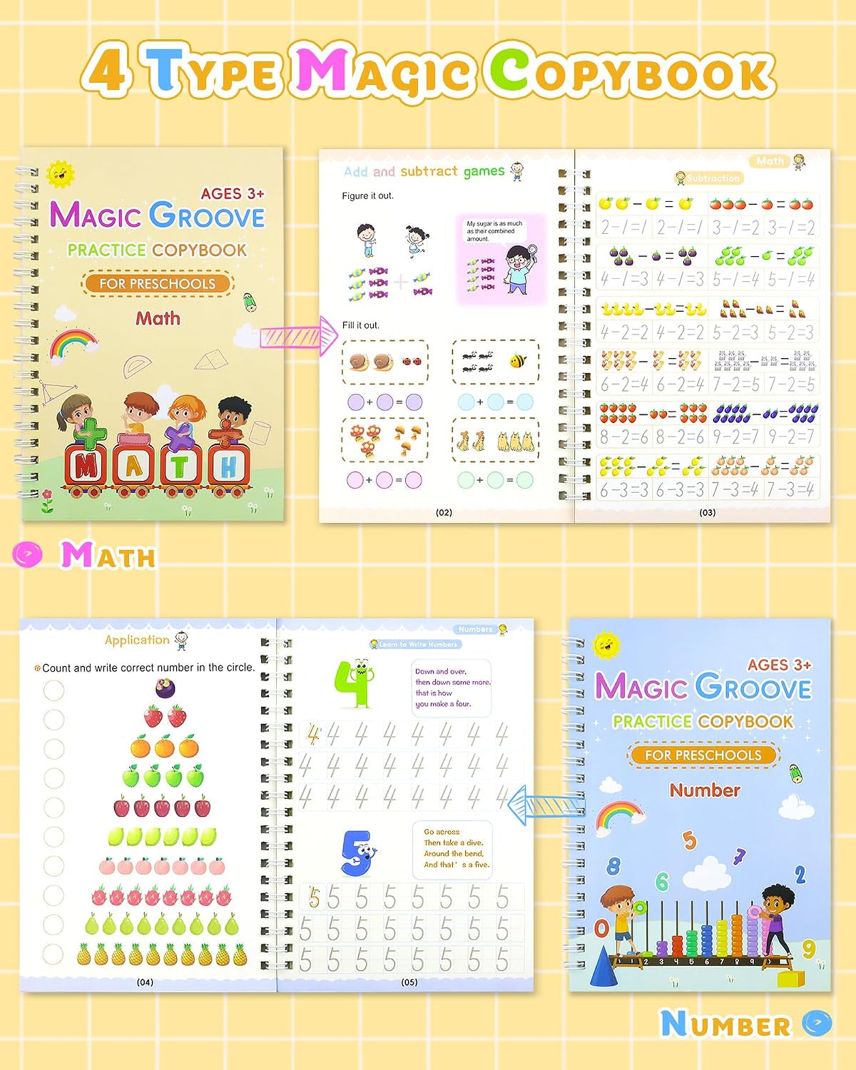 Magic Practice Copybook, Reusable Writing Practice Book, Handwriting Aid for Preschool Kids Age 3-8 (4 Books with Pens)