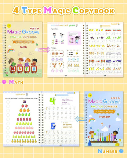 Magic Practice Copybook, Reusable Writing Practice Book, Handwriting Aid for Preschool Kids Age 3-8 (4 Books with Pens)