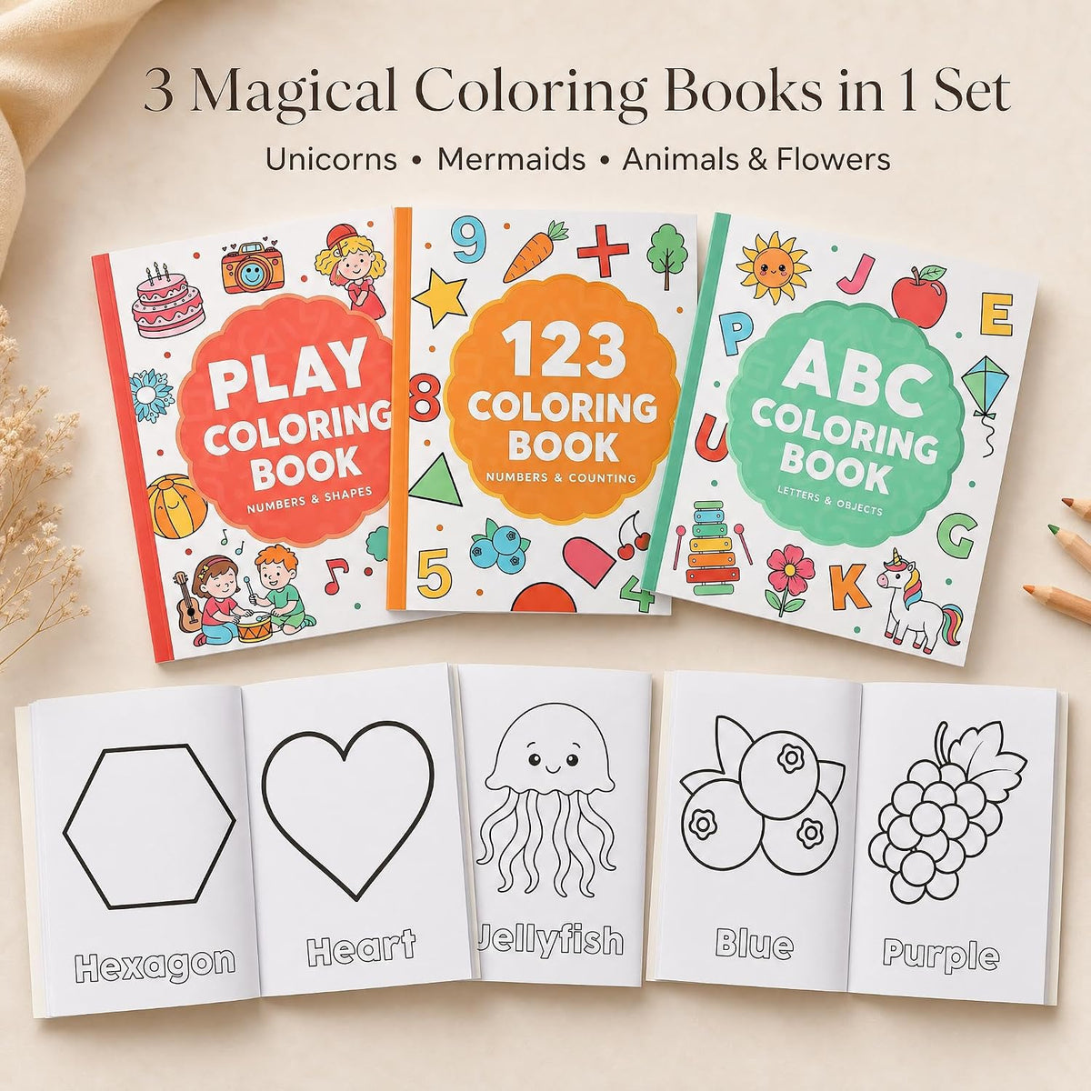 Fun Coloring Book for Kids - Set of 3 Cute Toddler Coloring Books | Educational Activity Water Color Pages with Simple Designs for Boys and Girls - Covers Alphabet, Numbers, Colors & Shapes