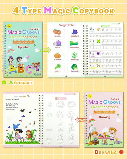 Magic Practice Copybook, Reusable Writing Practice Book, Handwriting Aid for Preschool Kids Age 3-8 (4 Books with Pens)