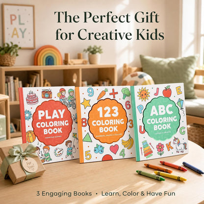 Fun Coloring Book for Kids - Set of 3 Cute Toddler Coloring Books | Educational Activity Water Color Pages with Simple Designs for Boys and Girls - Covers Alphabet, Numbers, Colors & Shapes