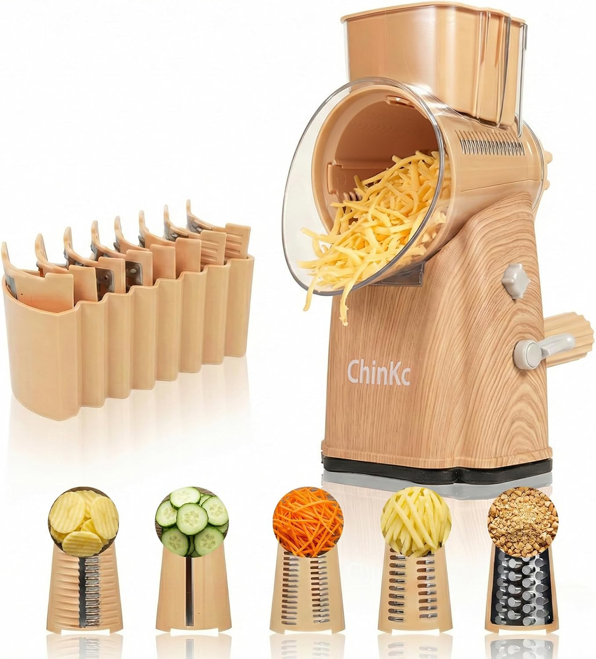 Upgrade Rotary Cheese Grater Shredder with Handle, Strong Suction Base, Multi-Purpose Rotary Grater Slicer with 5 Interchangeable Blades for Ice, Vegetables, Fruit, Nuts with Blade Storage Box