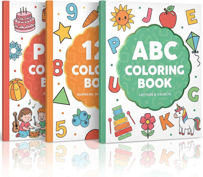 Fun Coloring Book for Kids - Set of 3 Cute Toddler Coloring Books | Educational Activity Water Color Pages with Simple Designs for Boys and Girls - Covers Alphabet, Numbers, Colors & Shapes