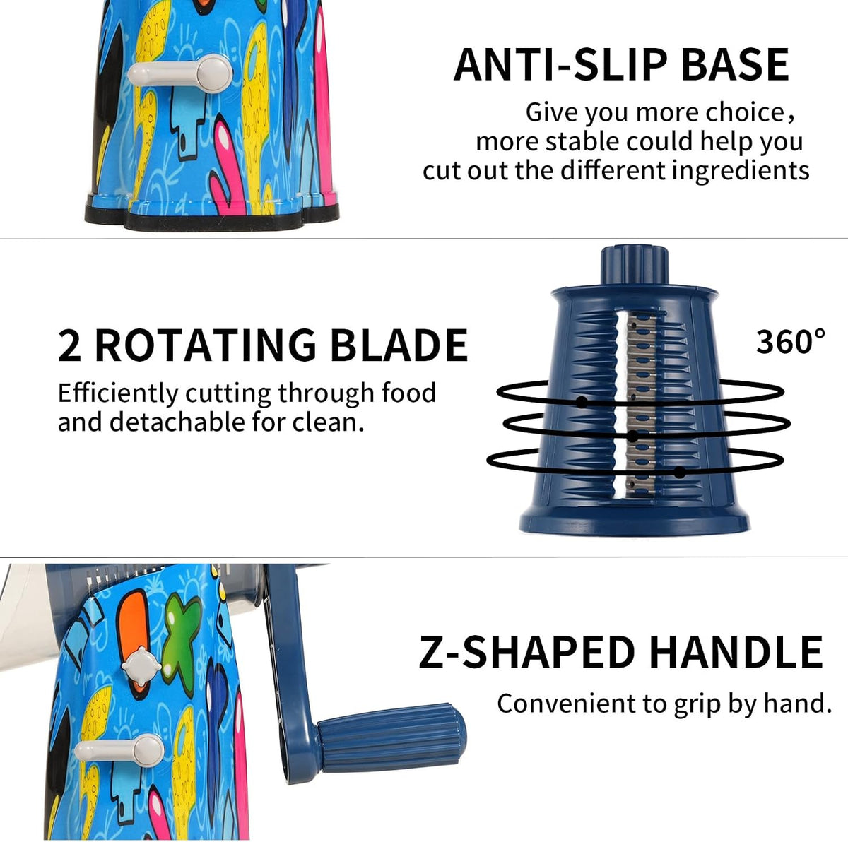 Upgrade Rotary Cheese Grater Shredder with Handle, Strong Suction Base, Multi-Purpose Rotary Grater Slicer with 5 Interchangeable Blades for Ice, Vegetables, Fruit, Nuts with Blade Storage Box