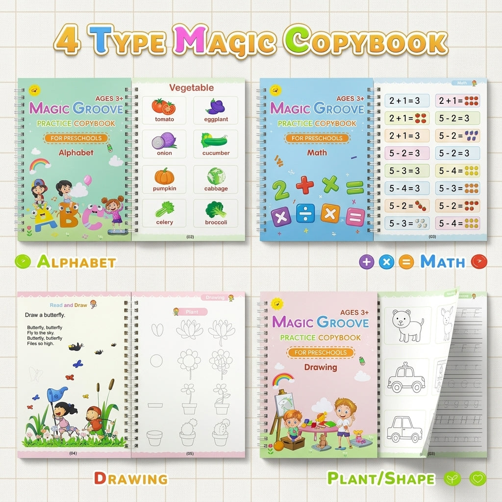Reusable Grooved Handwriting Workbook (4 Books with Pens)